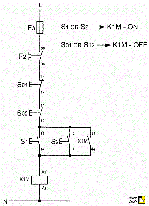 مدار قدرت و فرمان کنترل الکتروموتور از دو نقطه