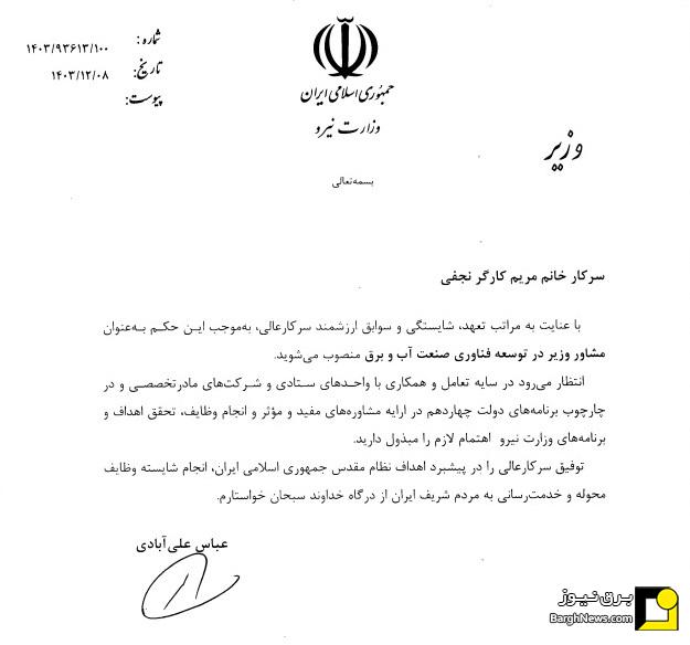 مشاور وزیر نیرو در توسعه فناوری صنعت آب و برق منصوب شد
