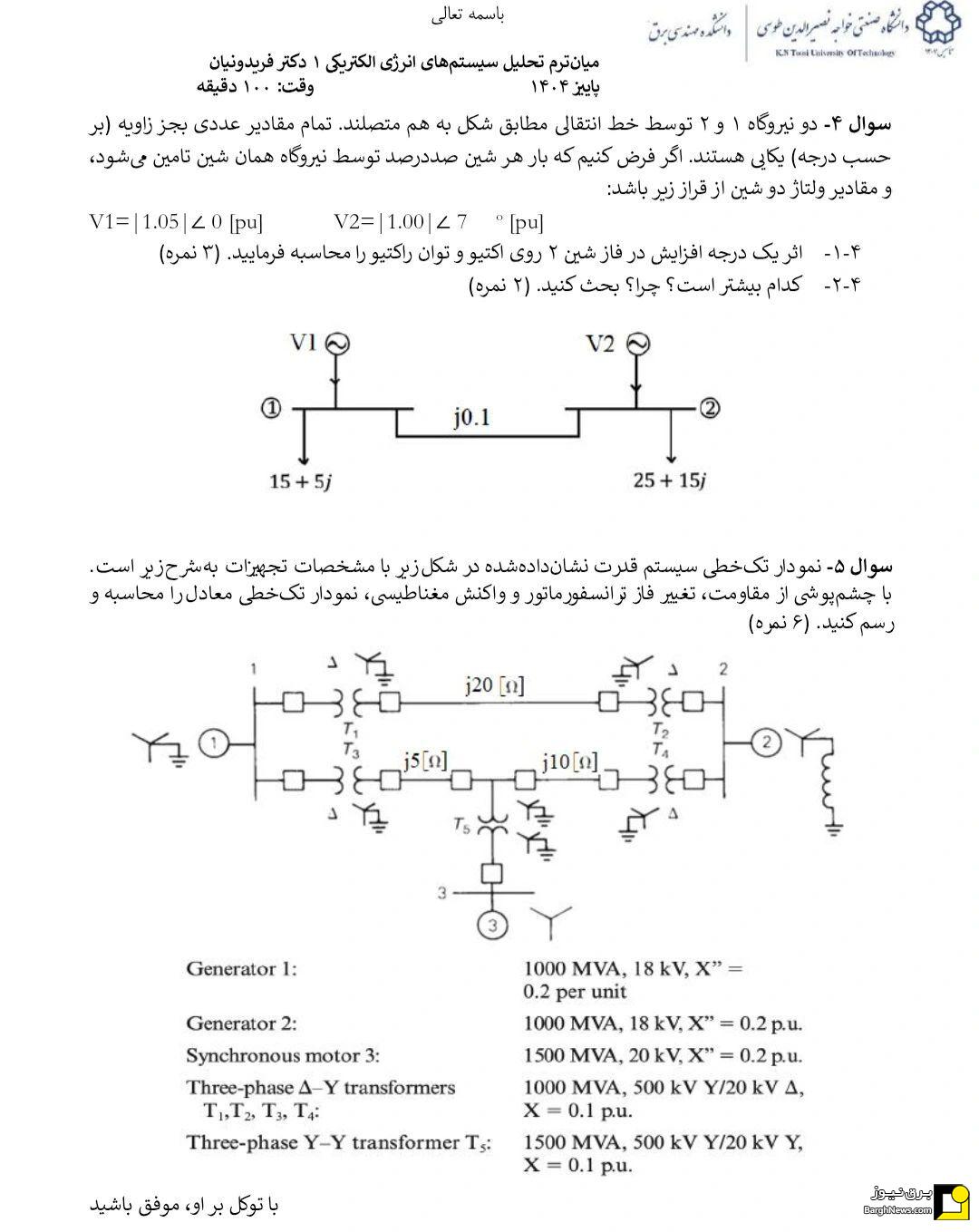 سوالات جالب میان ترم درس سیستم‌های انرژی الکتریکی دانشگاه خواجه نصیر